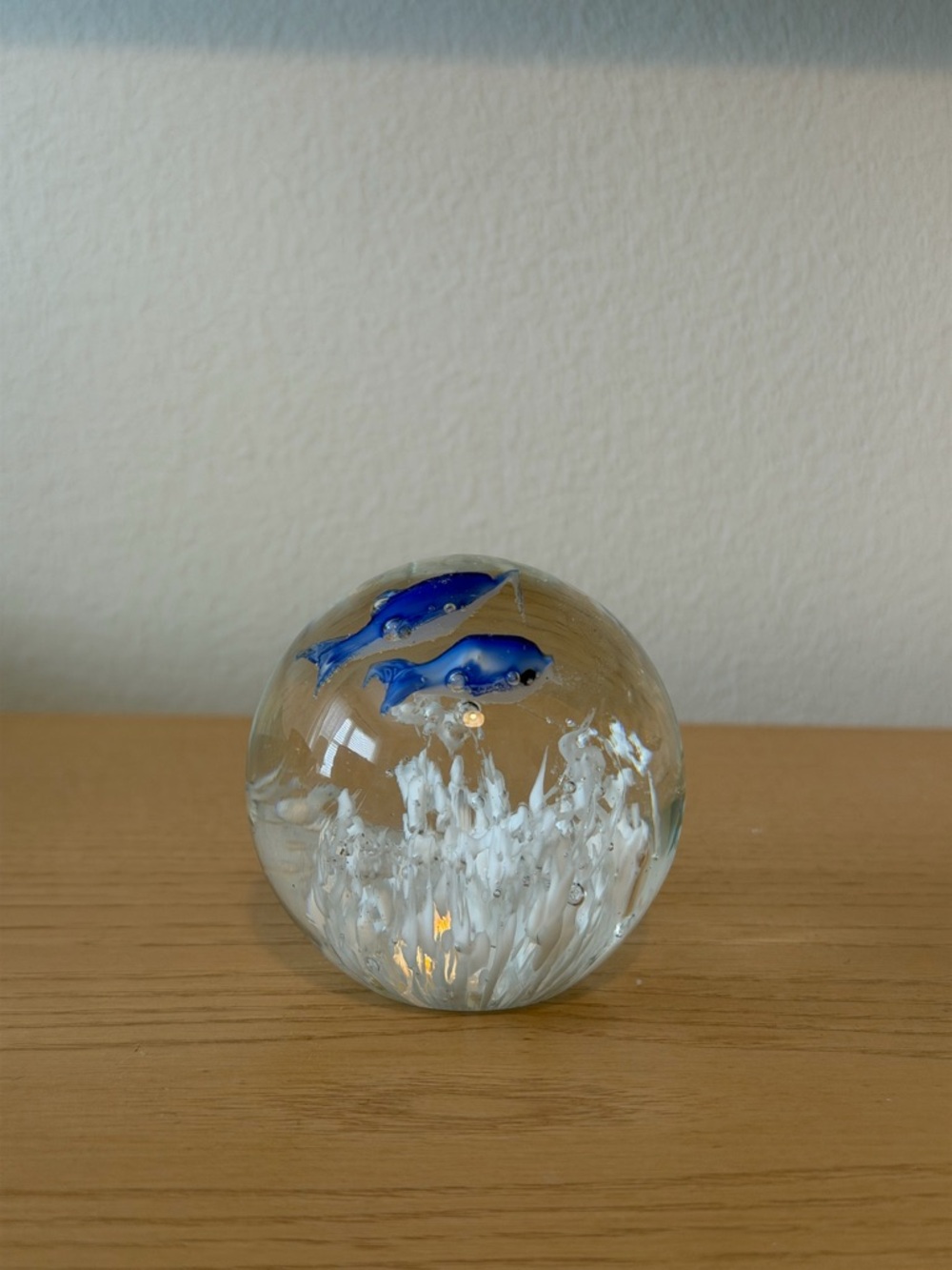 Vintage Art Glass Paperweight Blue Dolphins White Corral Bubbles